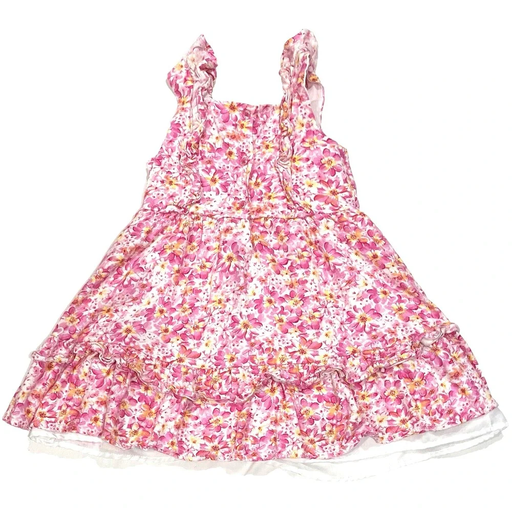 Btween Kids Girls Floral Print Ruffle Lined Linen Cotton Dress Multicolor Size 5